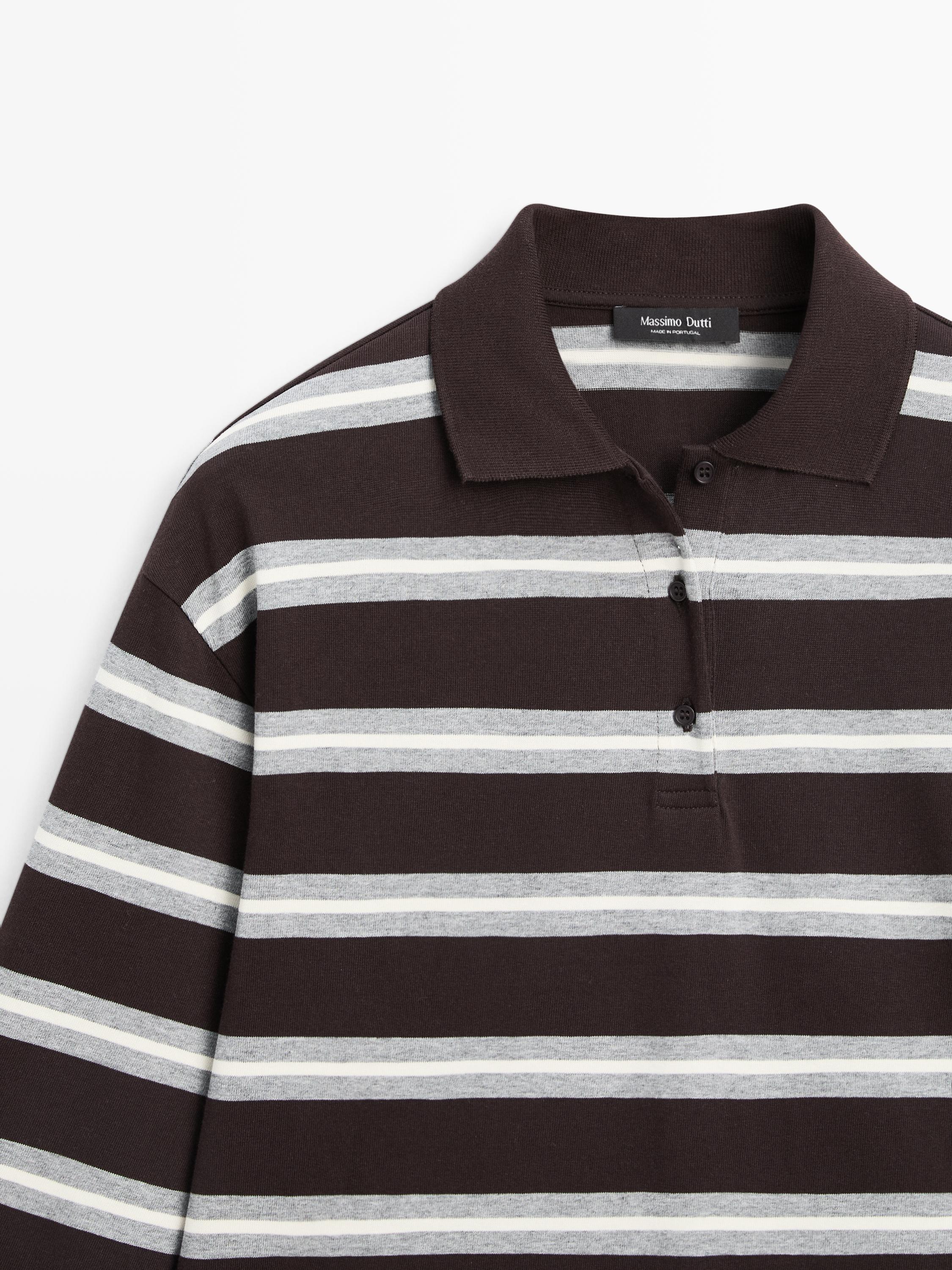 Striped long sleeve cotton polo shirt